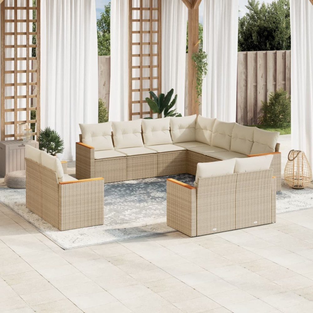 vidaXL Loungegrupp för trädgården m. dynor 11 delar beige konstrotting
