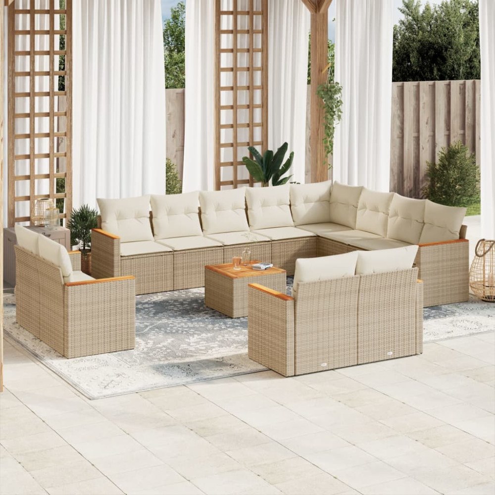 vidaXL Soffgrupp för trädgården med dynor 13 delar beige konstrotting