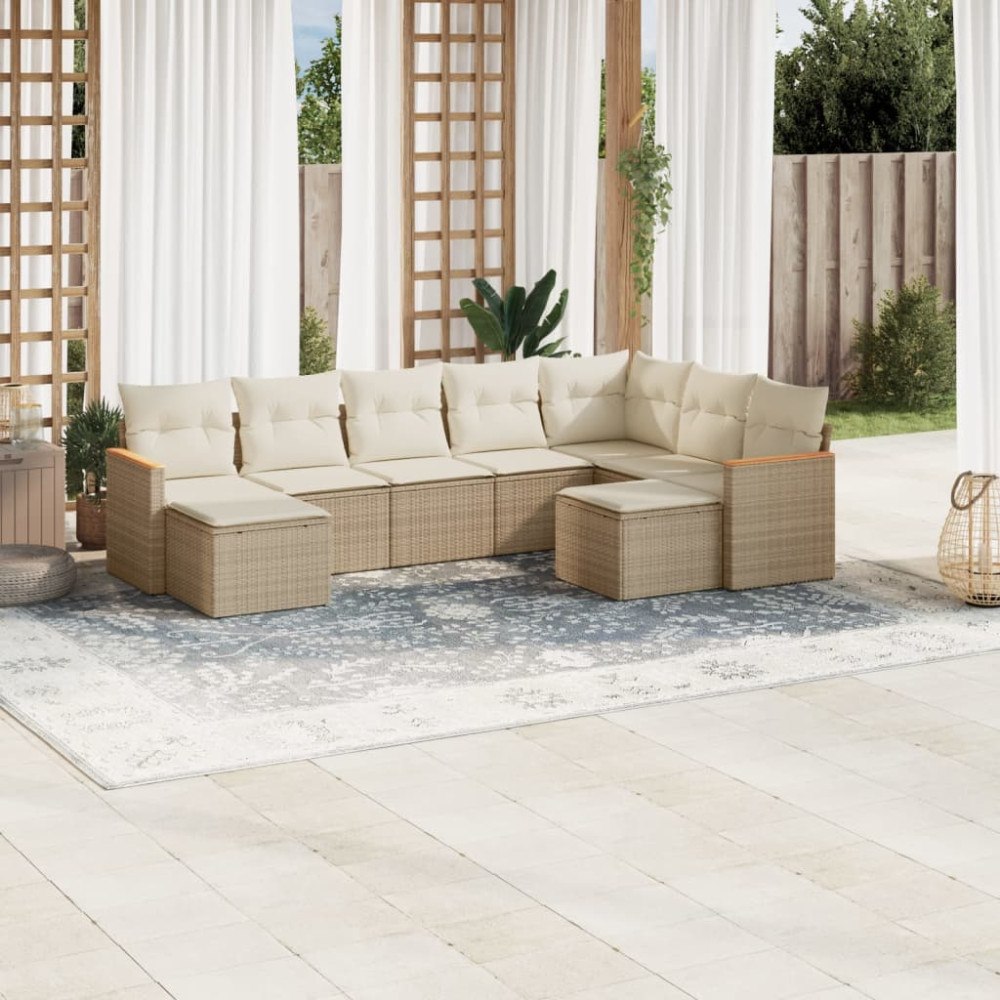 vidaXL Soffgrupp för trädgården med dynor 9 delar beige konstrotting