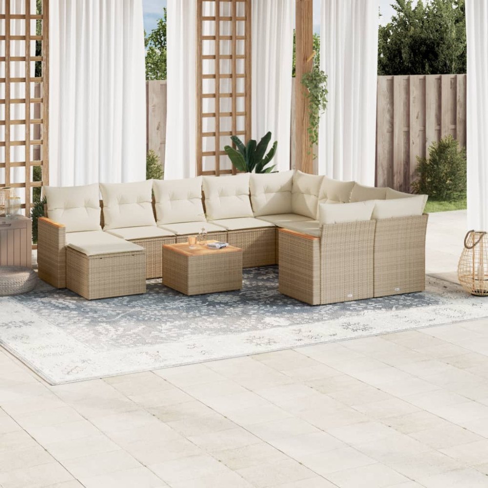 vidaXL Loungegrupp för trädgården m. dynor 11 delar beige konstrotting
