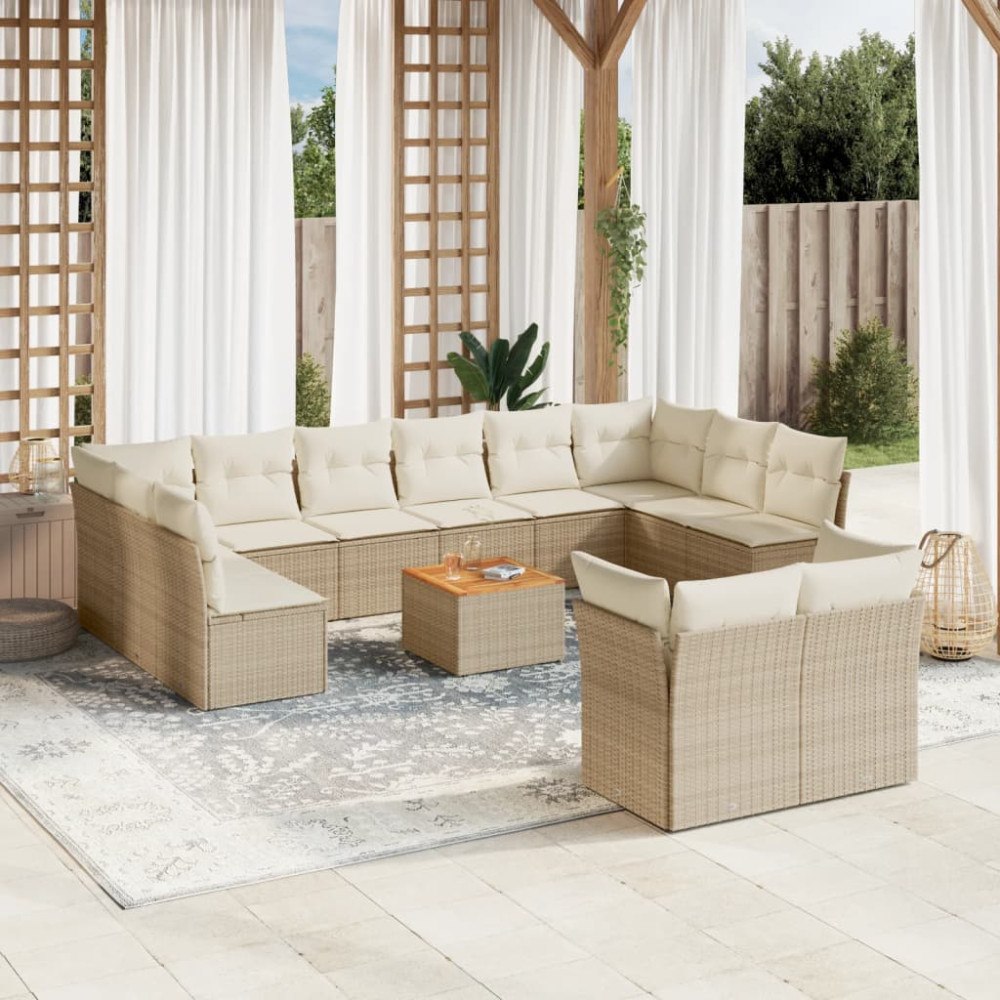 vidaXL Soffgrupp för trädgården med dynor 13 delar beige konstrotting