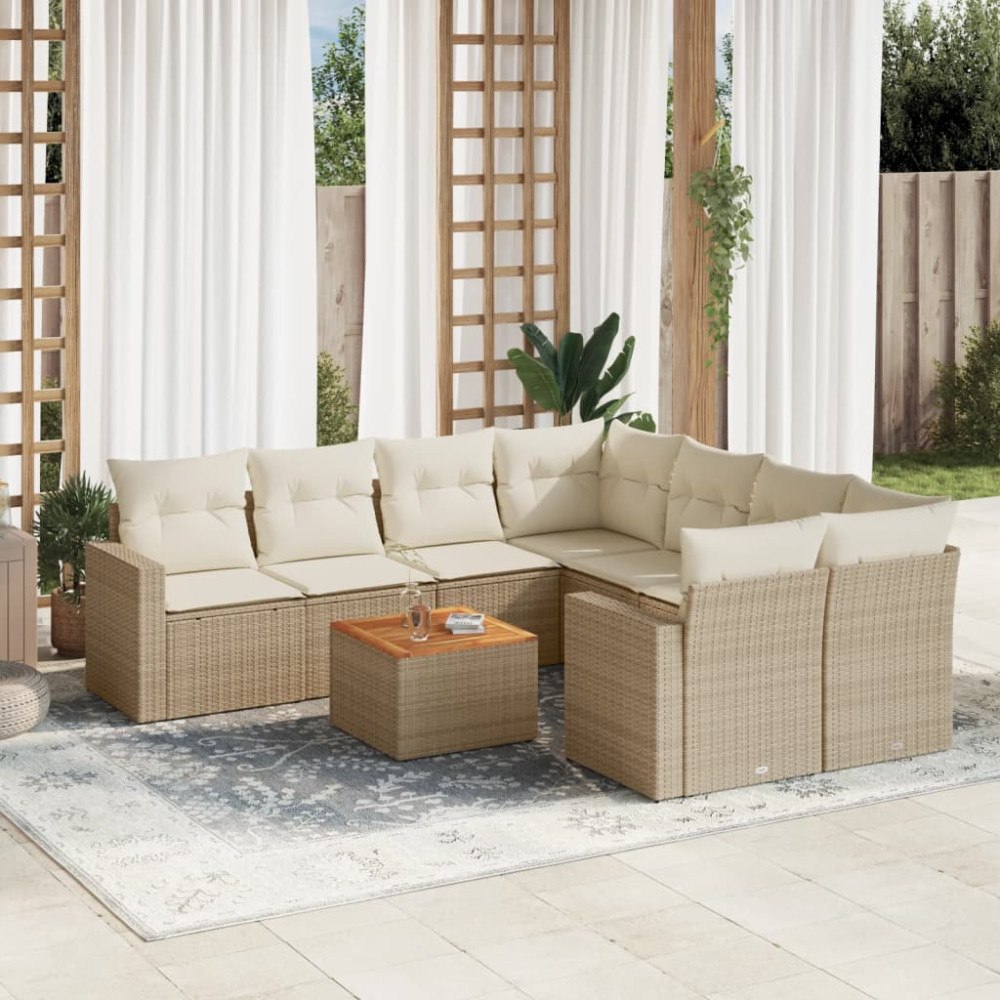 vidaXL Soffgrupp för trädgården med dynor 9 delar beige konstrotting