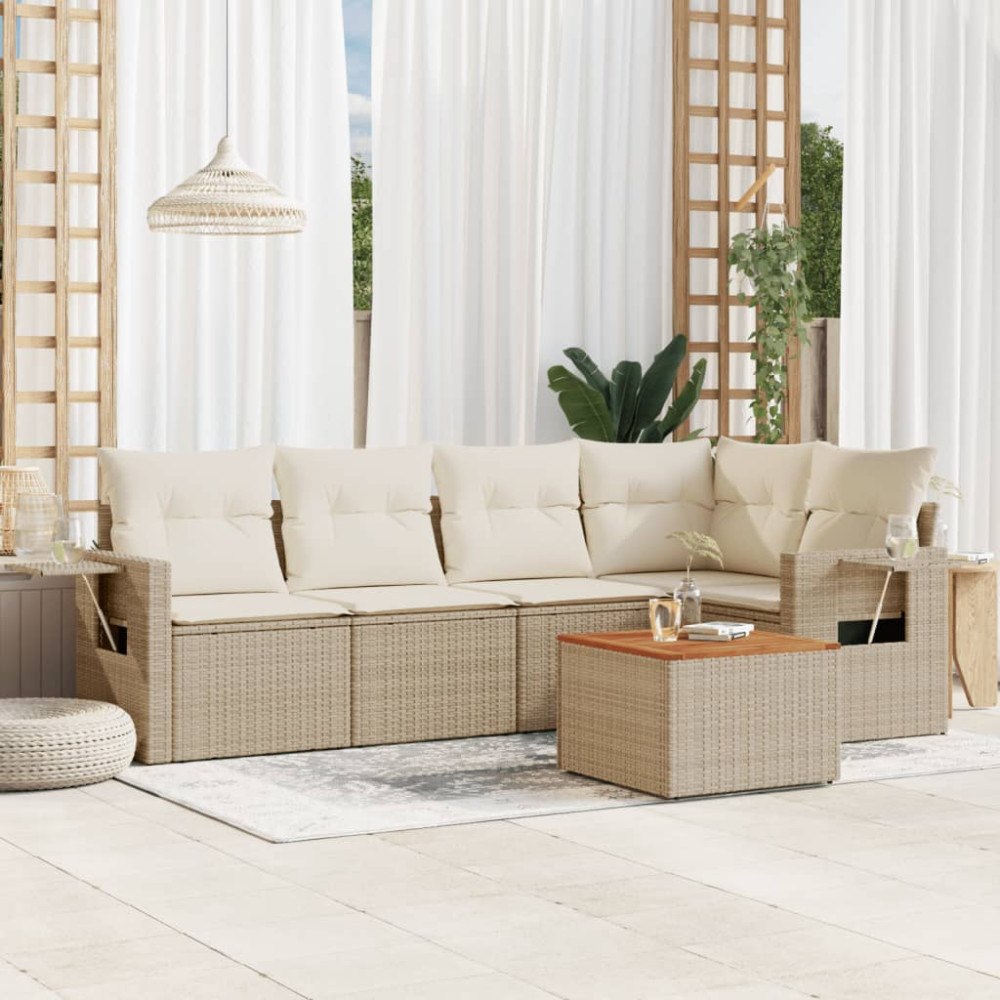 vidaXL Soffgrupp för trädgården med dynor 6 delar beige konstrotting