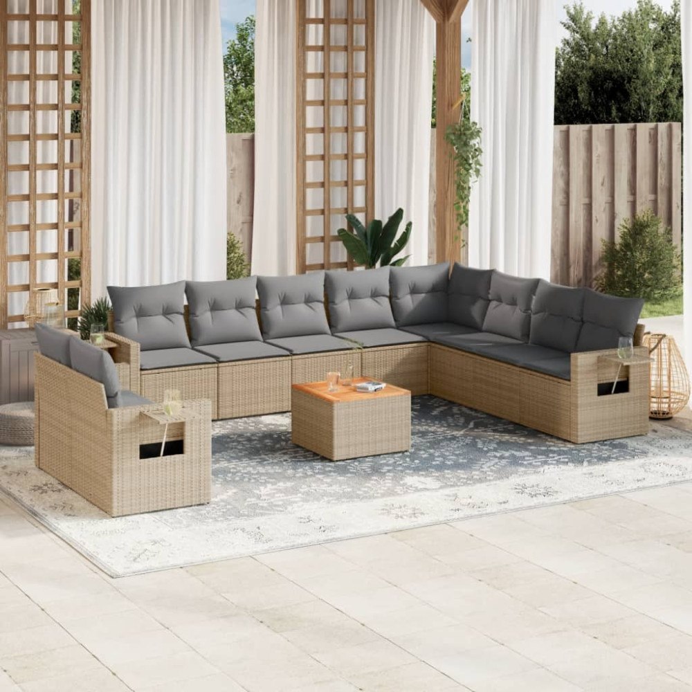 vidaXL Soffgrupp för trädgård med dynor 11 delar mixbeige konstrotting