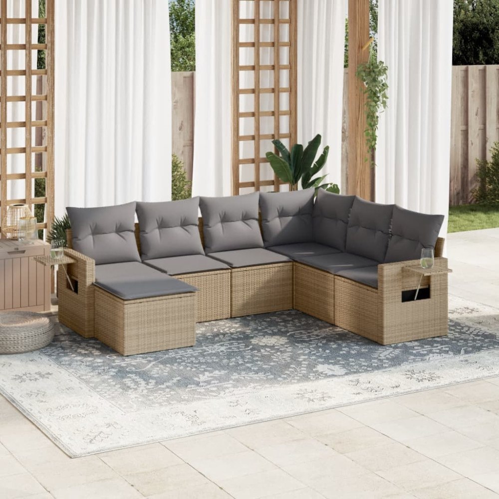 vidaXL Matgrupp för trädgården med dynor 7 delar beige konstrotting