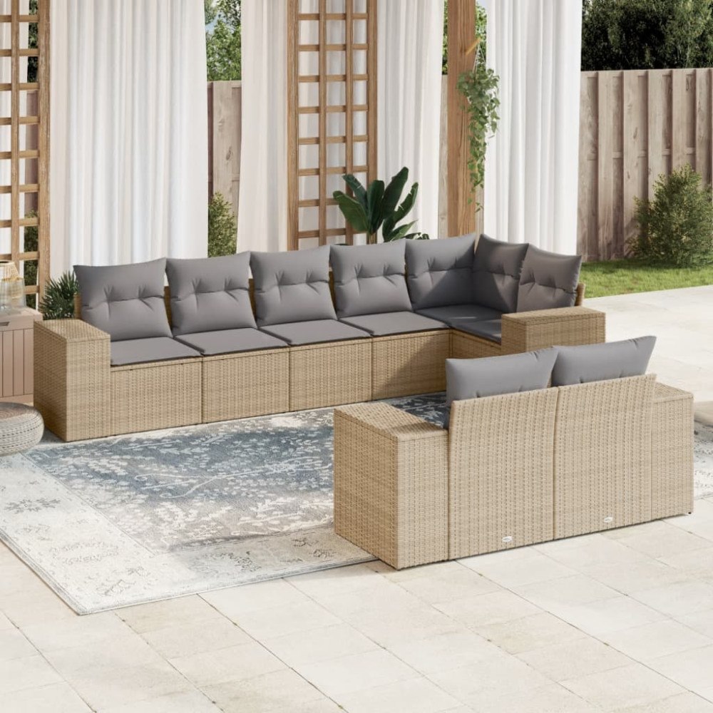 vidaXL Matgrupp för trädgården med dynor 8 delar beige konstrotting