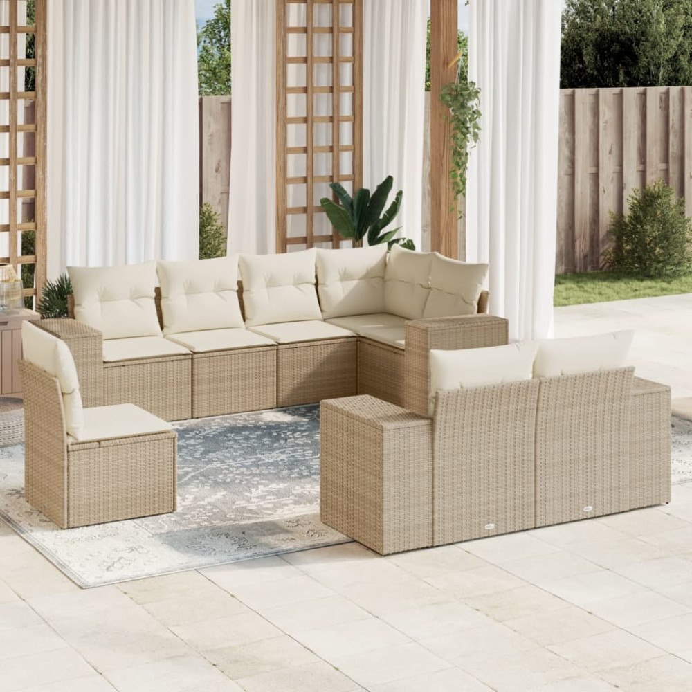 vidaXL Matgrupp för trädgården med dynor 8 delar beige konstrotting