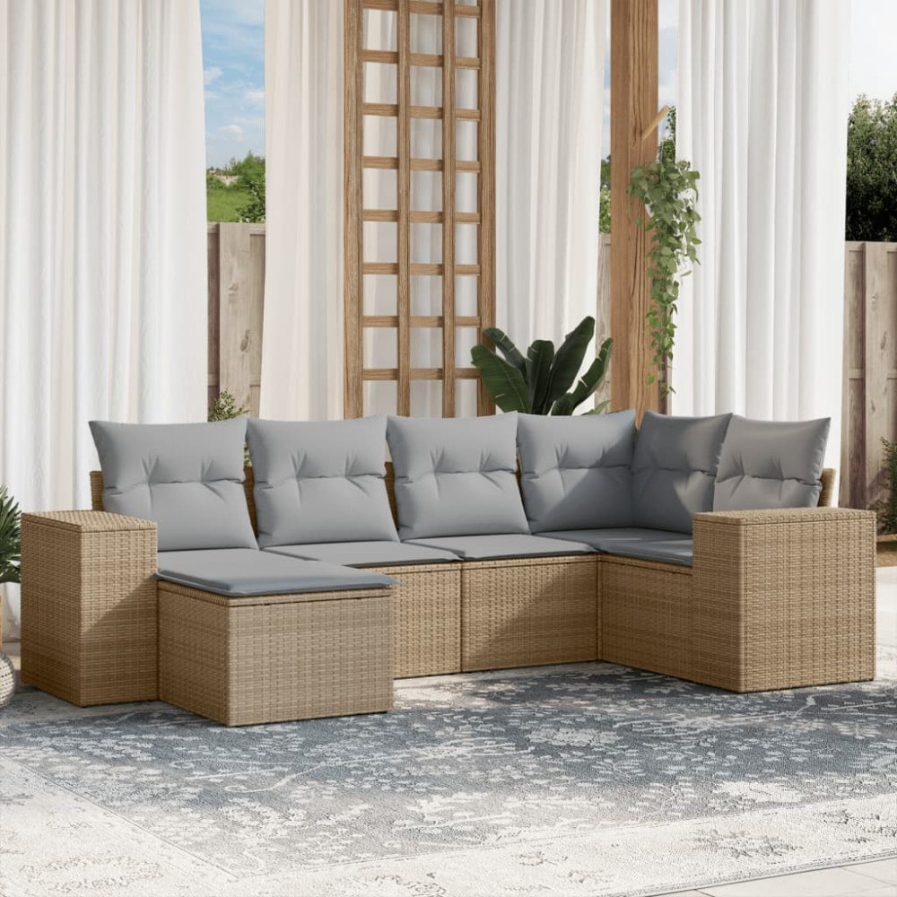 vidaXL Soffgrupp för trädgården med dynor 6 delar beige konstrotting