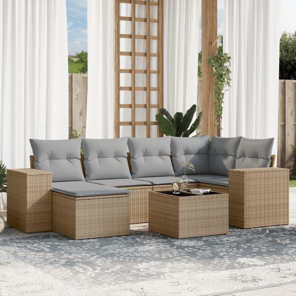 vidaXL Matgrupp för trädgården med dynor 7 delar beige konstrotting