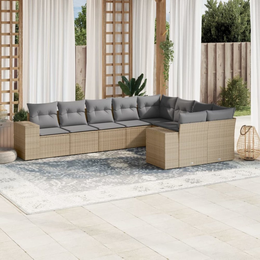 vidaXL Soffgrupp för trädgården med dynor 9 delar beige konstrotting
