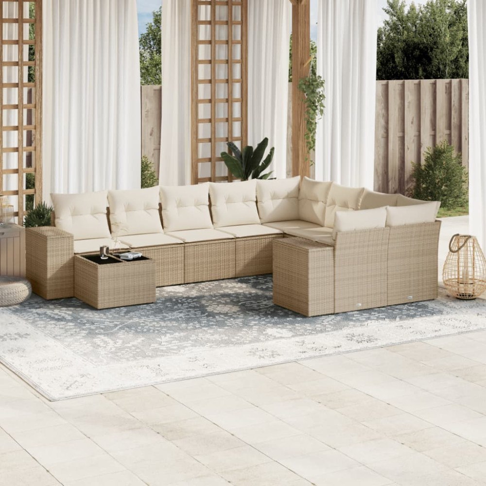 vidaXL Soffgrupp för trädgård med dynor 10 delar beige konstrotting