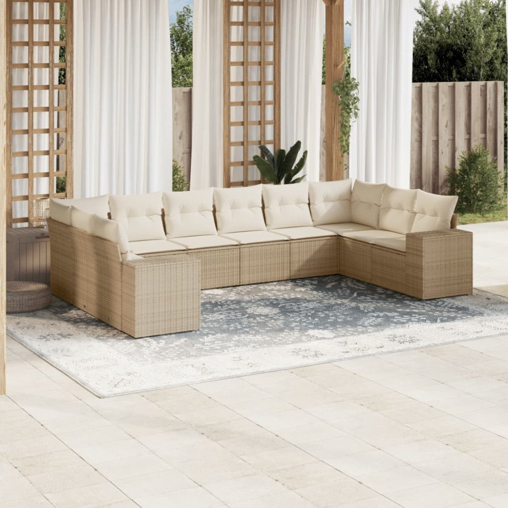 vidaXL Soffgrupp för trädgård med dynor 10 delar beige konstrotting