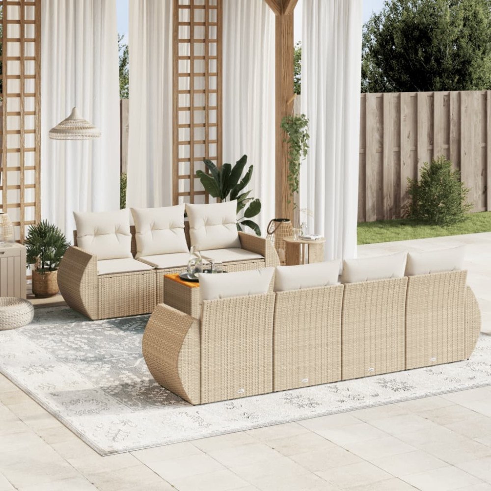 vidaXL Matgrupp för trädgården med dynor 8 delar beige konstrotting