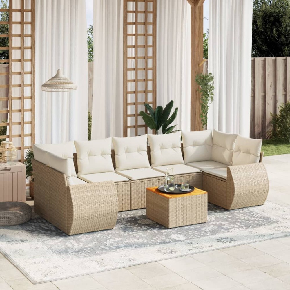 vidaXL Matgrupp för trädgården med dynor 8 delar beige konstrotting