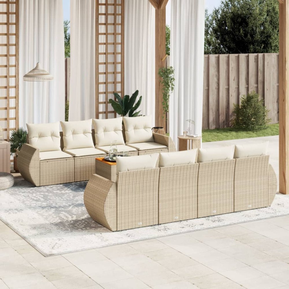 vidaXL Soffgrupp för trädgården med dynor 9 delar beige konstrotting