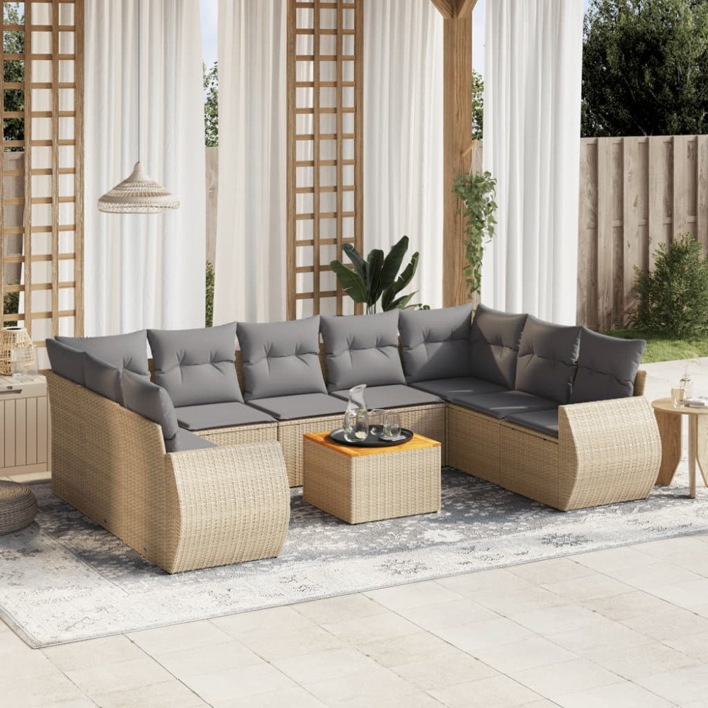 vidaXL Soffgrupp för trädgård med dynor 10 delar beige konstrotting