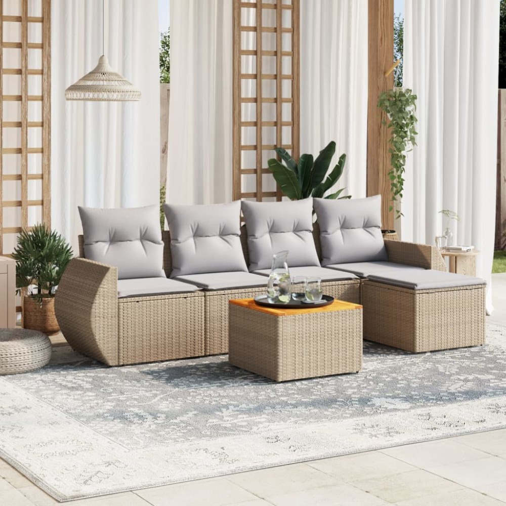 vidaXL Soffgrupp för trädgården med dynor 6 delar beige konstrotting