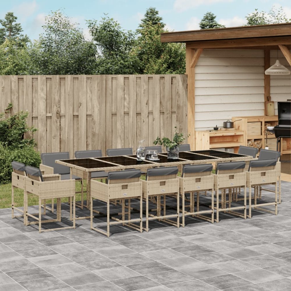 vidaXL Matgrupp för trädgården m. dynor 15 delar mixbeige konstrotting