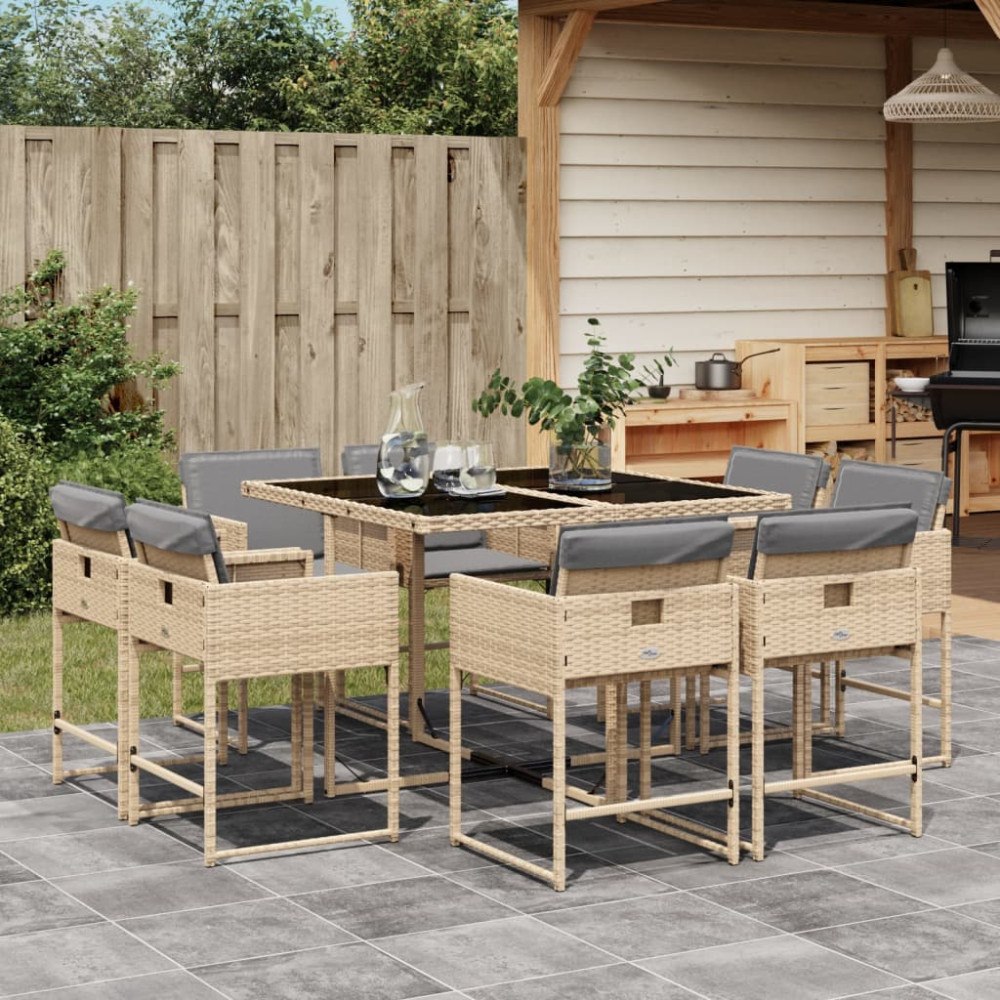 vidaXL Matgrupp för trädgården med dynor 9 delar mixbeige konstrotting