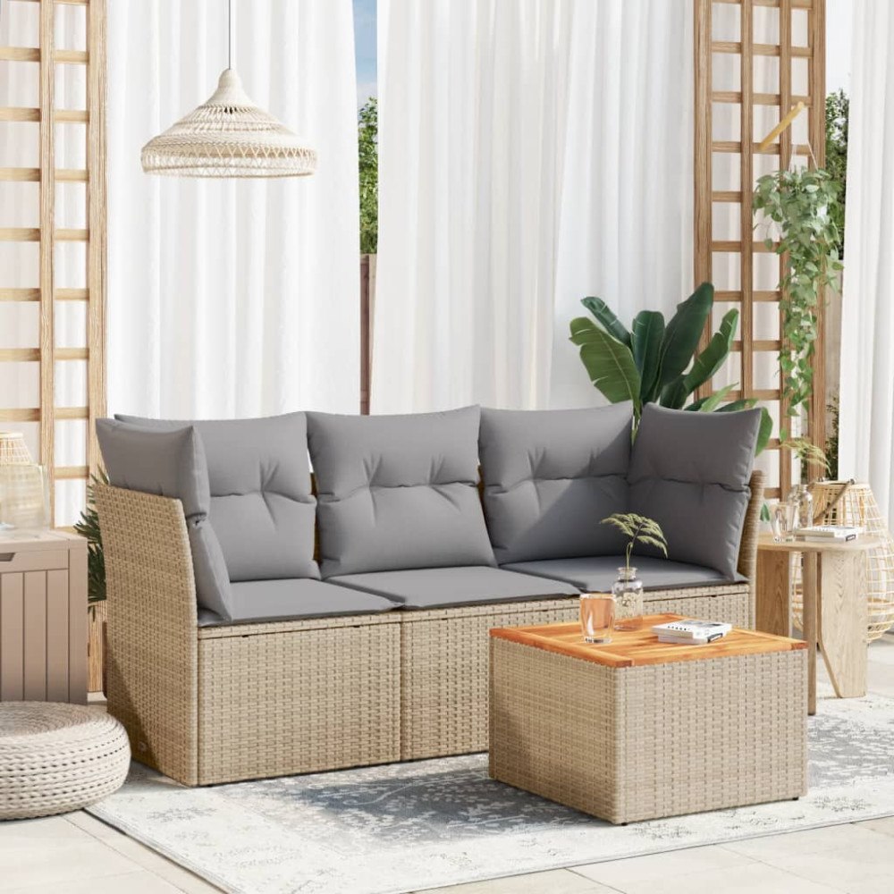 vidaXL Soffgrupp för trädgård med dynor 4 delar beige konstrotting