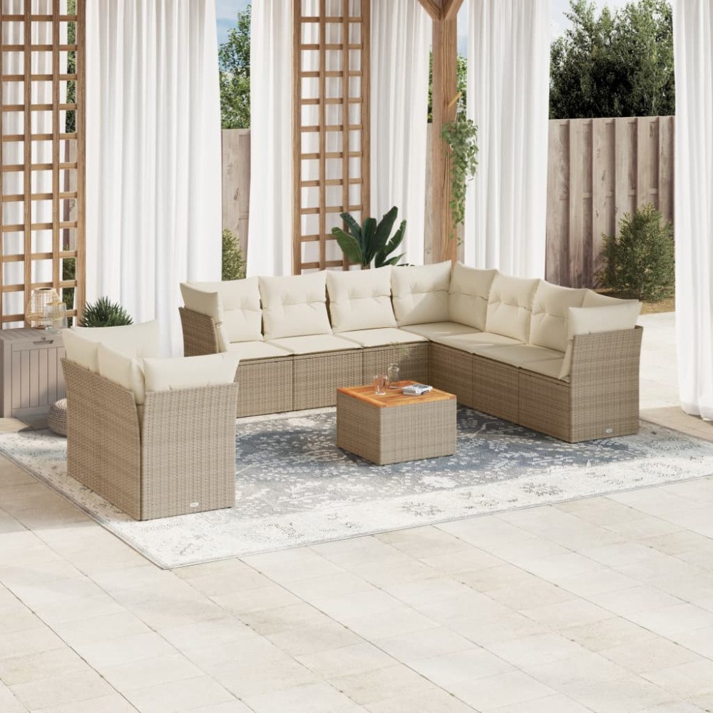 vidaXL Soffgrupp för trädgård med dynor 10 delar beige konstrotting