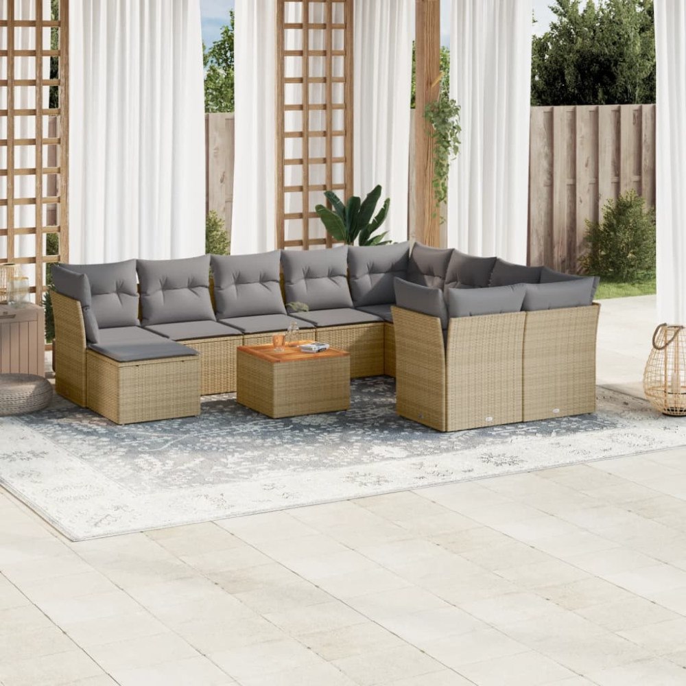 vidaXL Loungegrupp för trädgården m. dynor 11 delar beige konstrotting