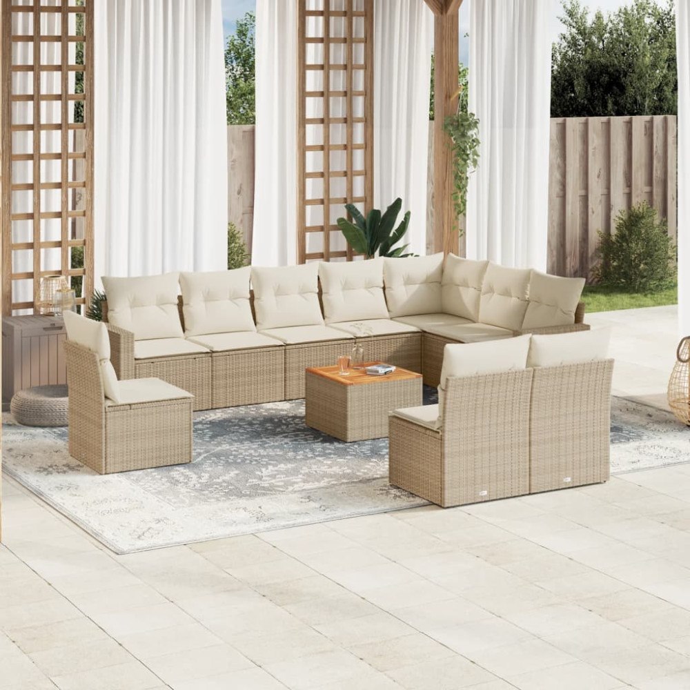 vidaXL Loungegrupp för trädgården m. dynor 11 delar beige konstrotting