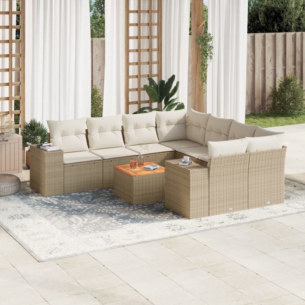 vidaXL Soffgrupp för trädgården med dynor 9 delar beige konstrotting