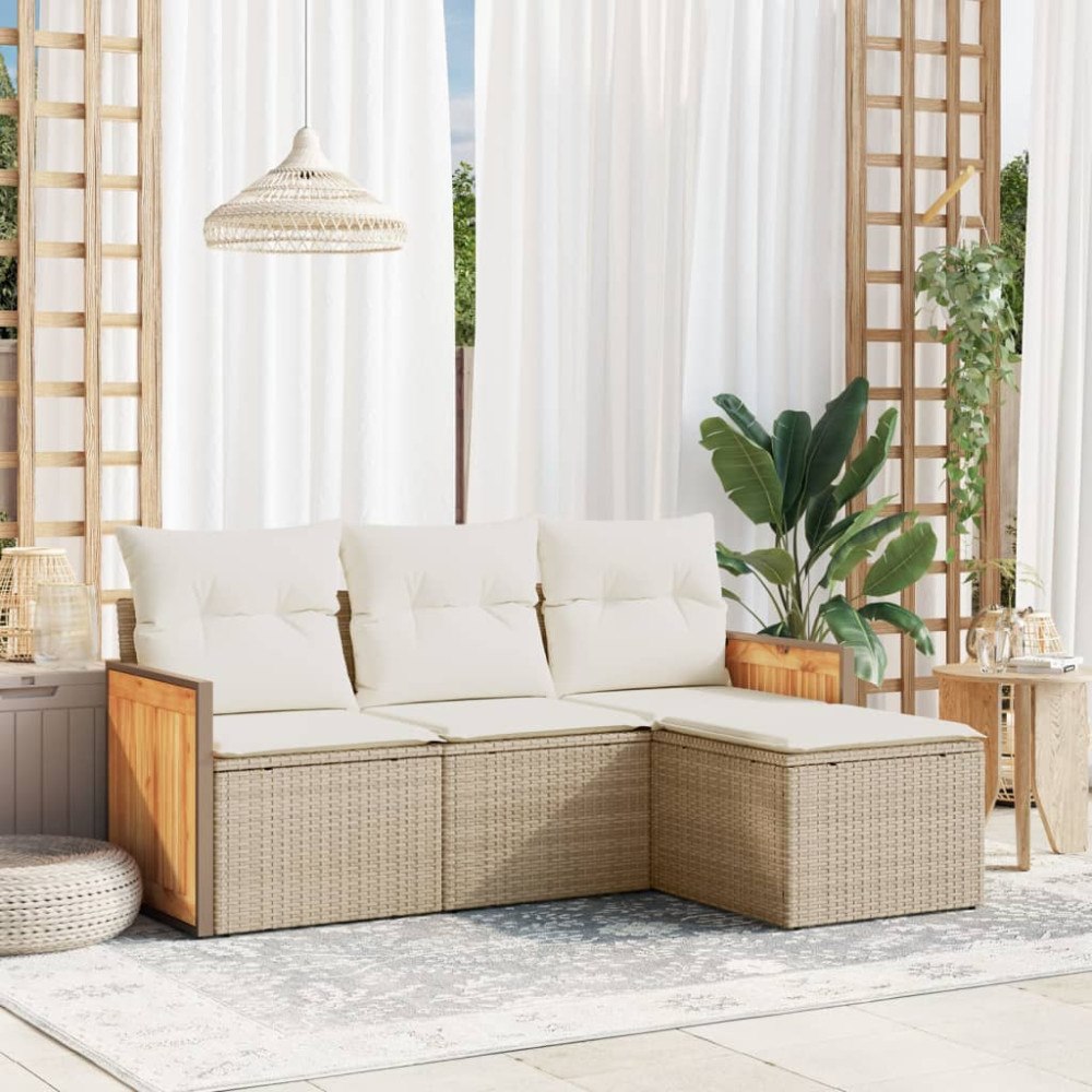 vidaXL Soffgrupp för trädgård med dynor 4 delar beige konstrotting