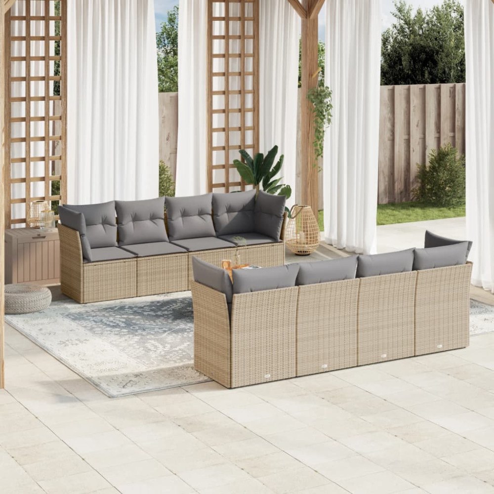 vidaXL Soffgrupp för trädgården med dynor 9 delar beige konstrotting