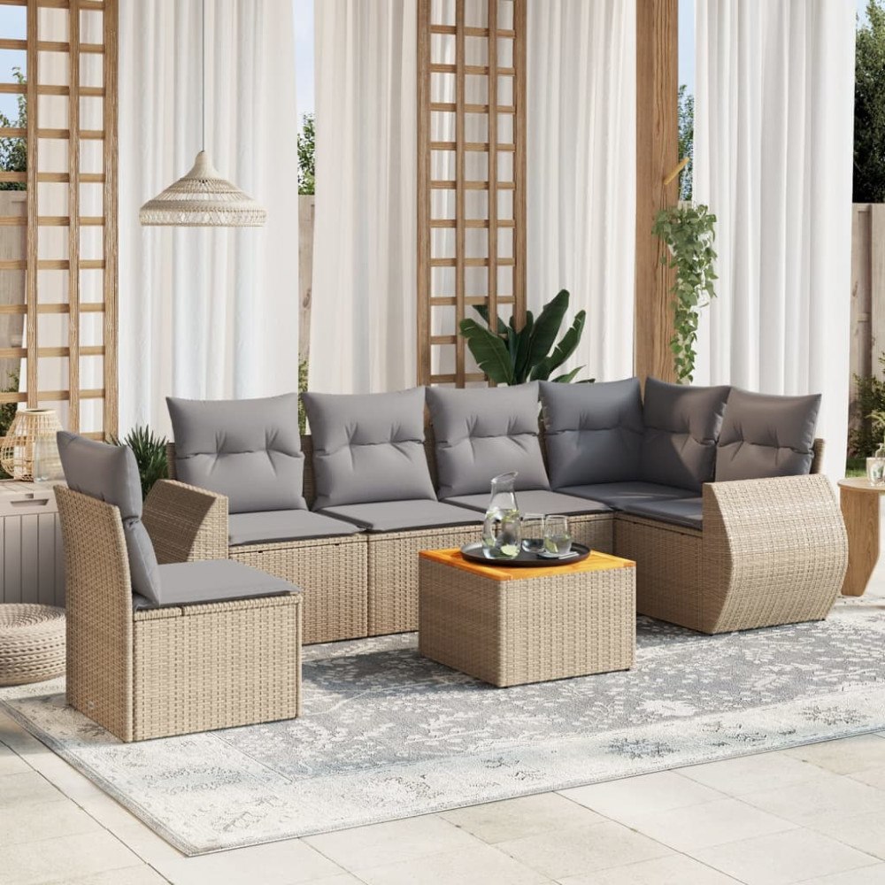 vidaXL Matgrupp för trädgården med dynor 7 delar beige konstrotting