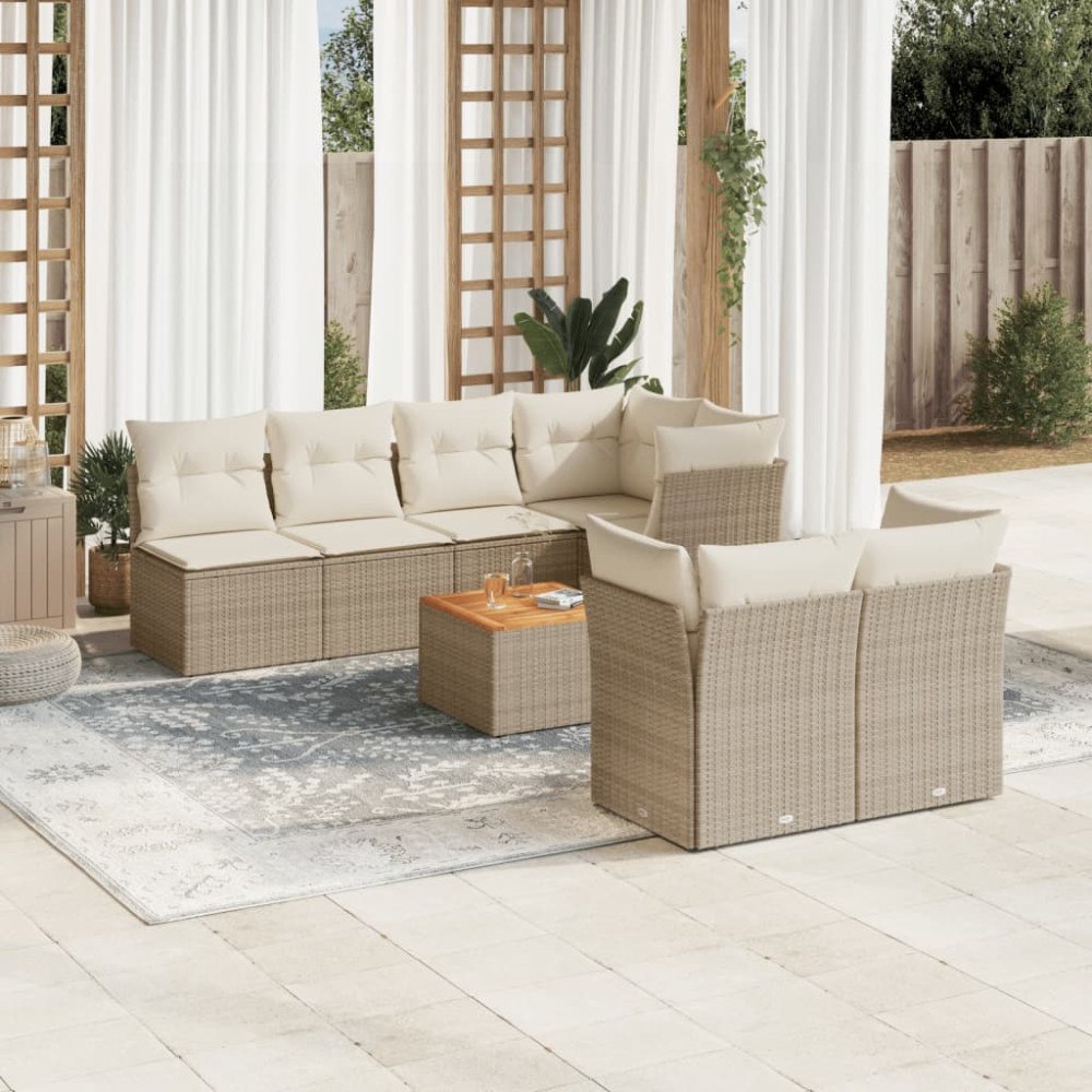 vidaXL Matgrupp för trädgården med dynor 8 delar beige konstrotting