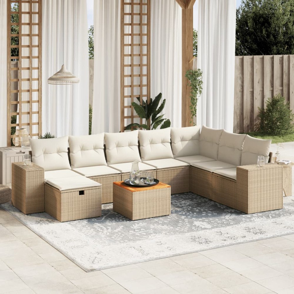 vidaXL Soffgrupp för trädgården med dynor 9 delar beige konstrotting