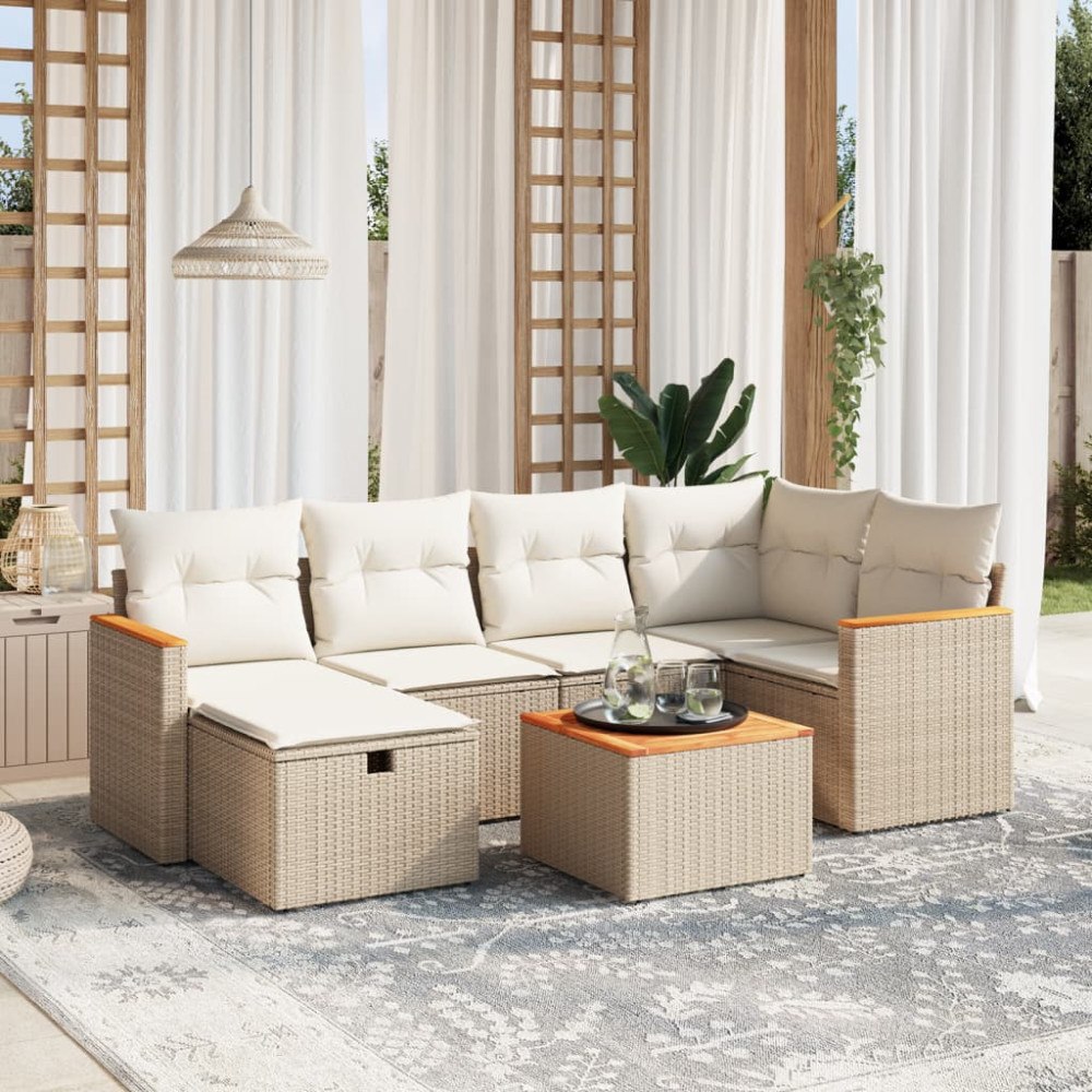 vidaXL Matgrupp för trädgården med dynor 7 delar beige konstrotting