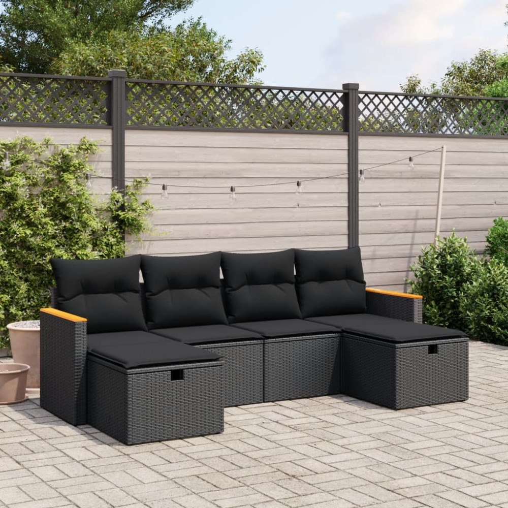 vidaXL Loungegrupp med dynor 6 delar svart konstrotting