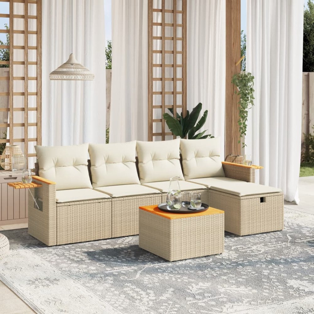 vidaXL Soffgrupp för trädgården med dynor 6 delar beige konstrotting
