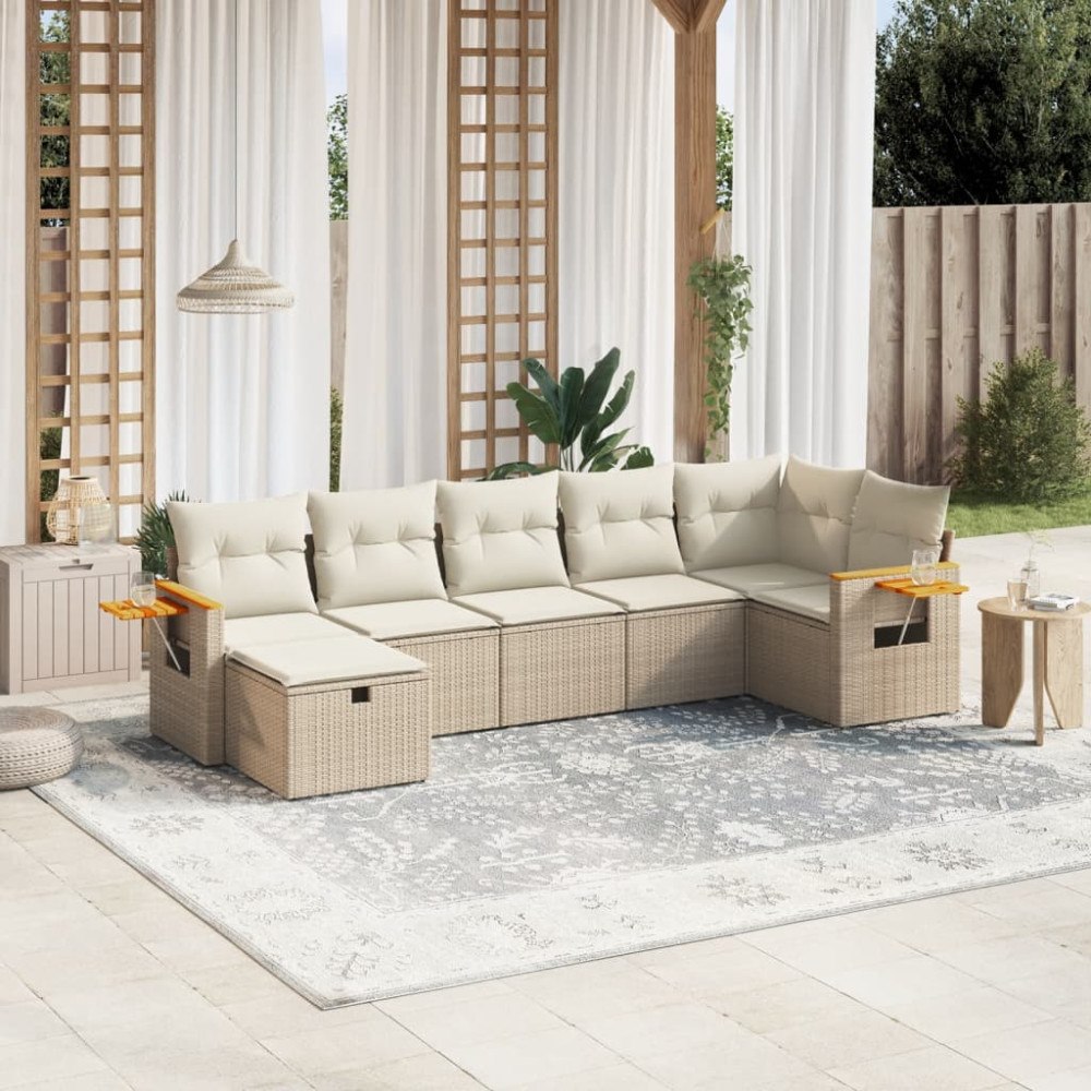 vidaXL Matgrupp för trädgården med dynor 7 delar beige konstrotting
