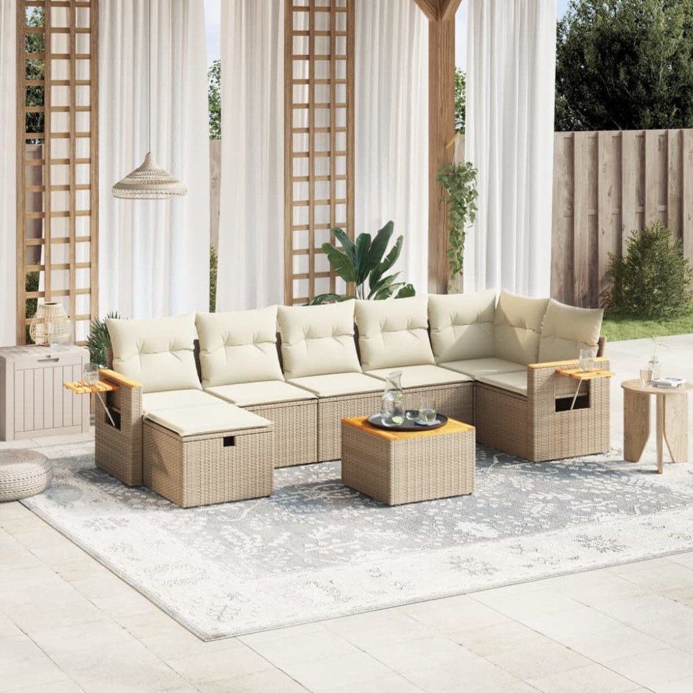 vidaXL Matgrupp för trädgården med dynor 8 delar beige konstrotting