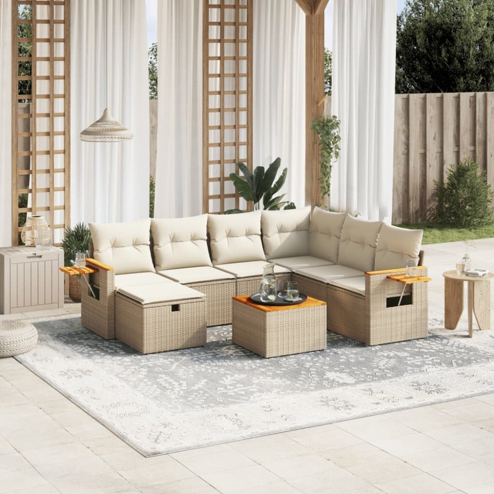 vidaXL Matgrupp för trädgården med dynor 8 delar beige konstrotting