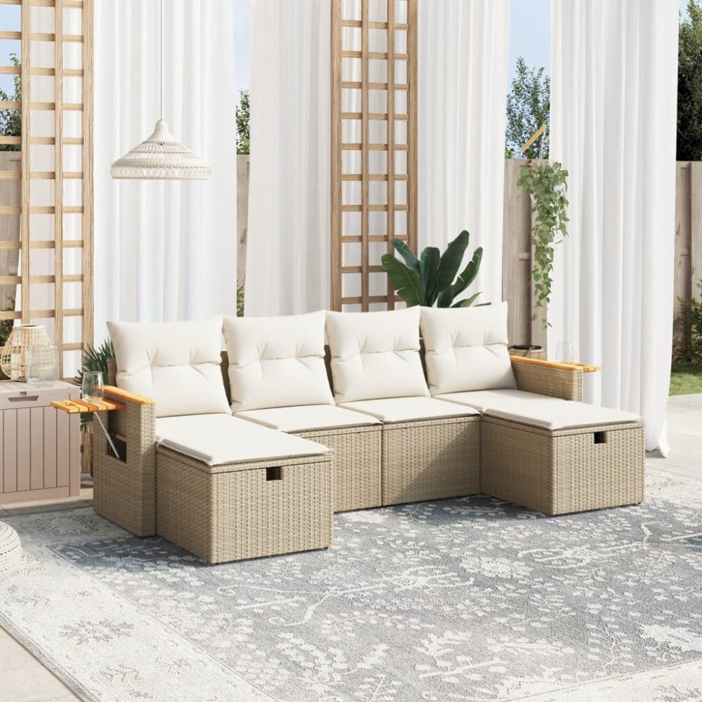 vidaXL Soffgrupp för trädgården med dynor 6 delar beige konstrotting