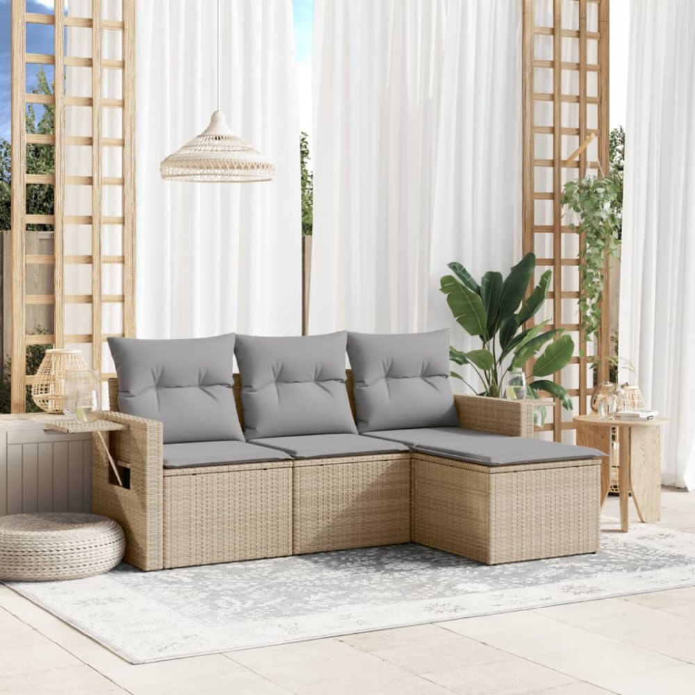vidaXL Soffgrupp för trädgård med dynor 4 delar beige konstrotting