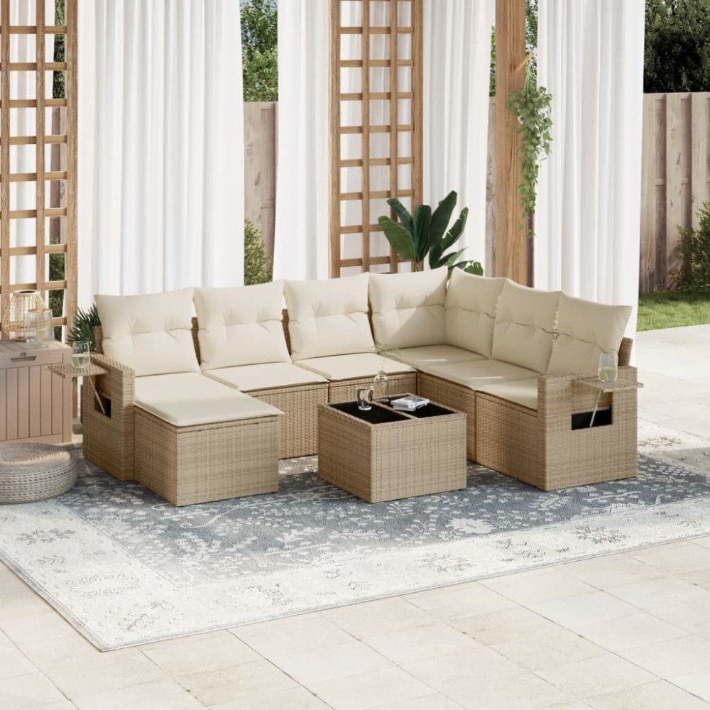 vidaXL Matgrupp för trädgården med dynor 8 delar beige konstrotting