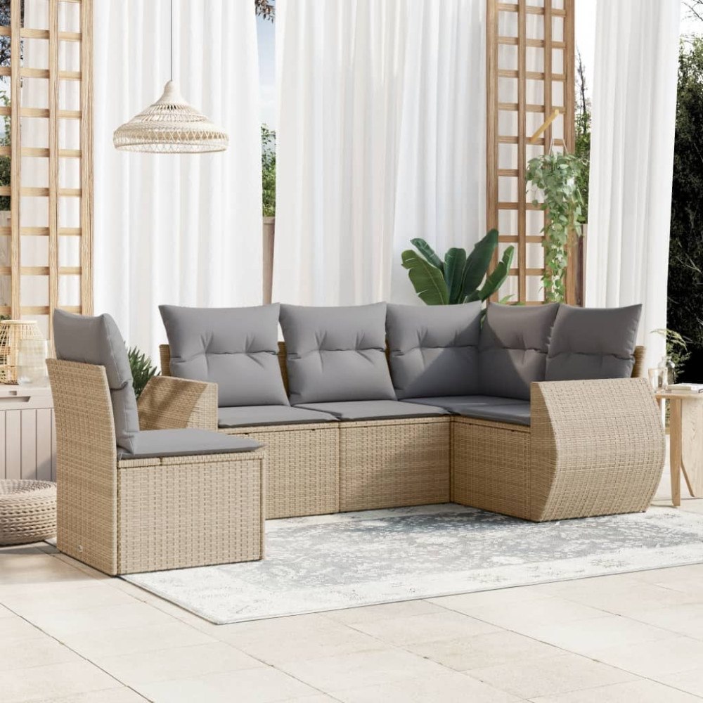 vidaXL Soffgrupp för trädgården med dynor 5 delar beige konstrotting