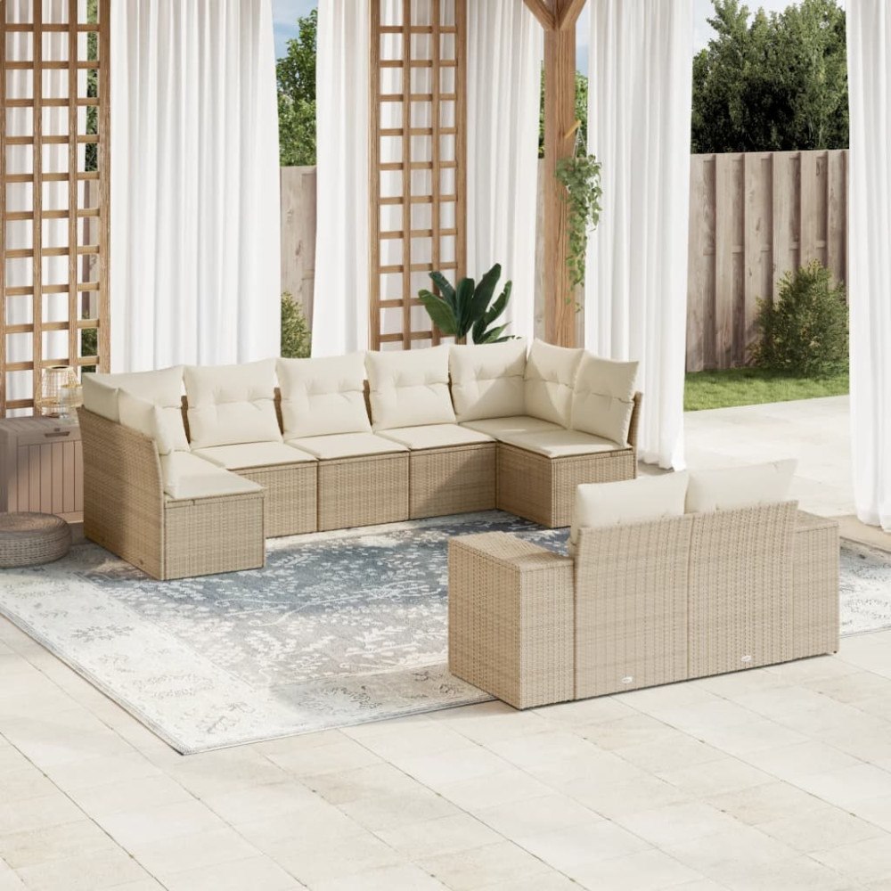 vidaXL Soffgrupp för trädgården med dynor 9 delar beige konstrotting