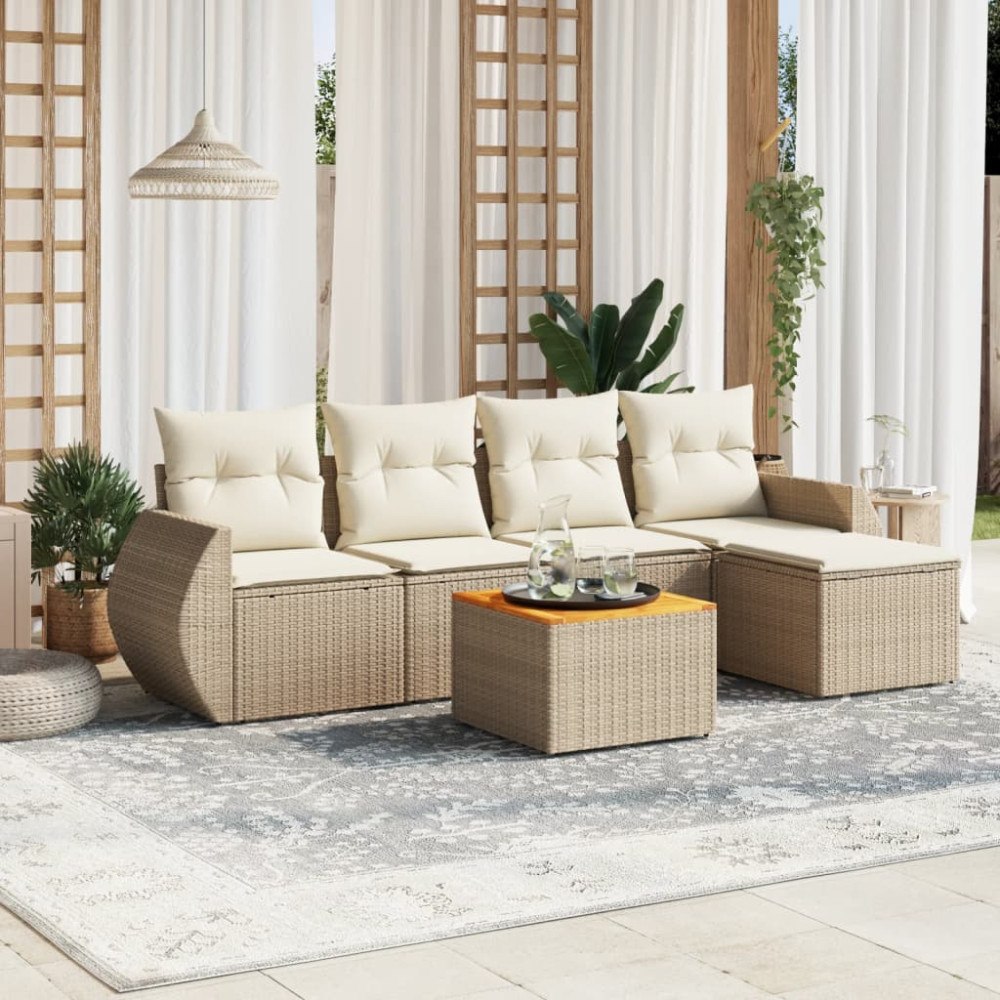 vidaXL Soffgrupp för trädgården med dynor 6 delar beige konstrotting