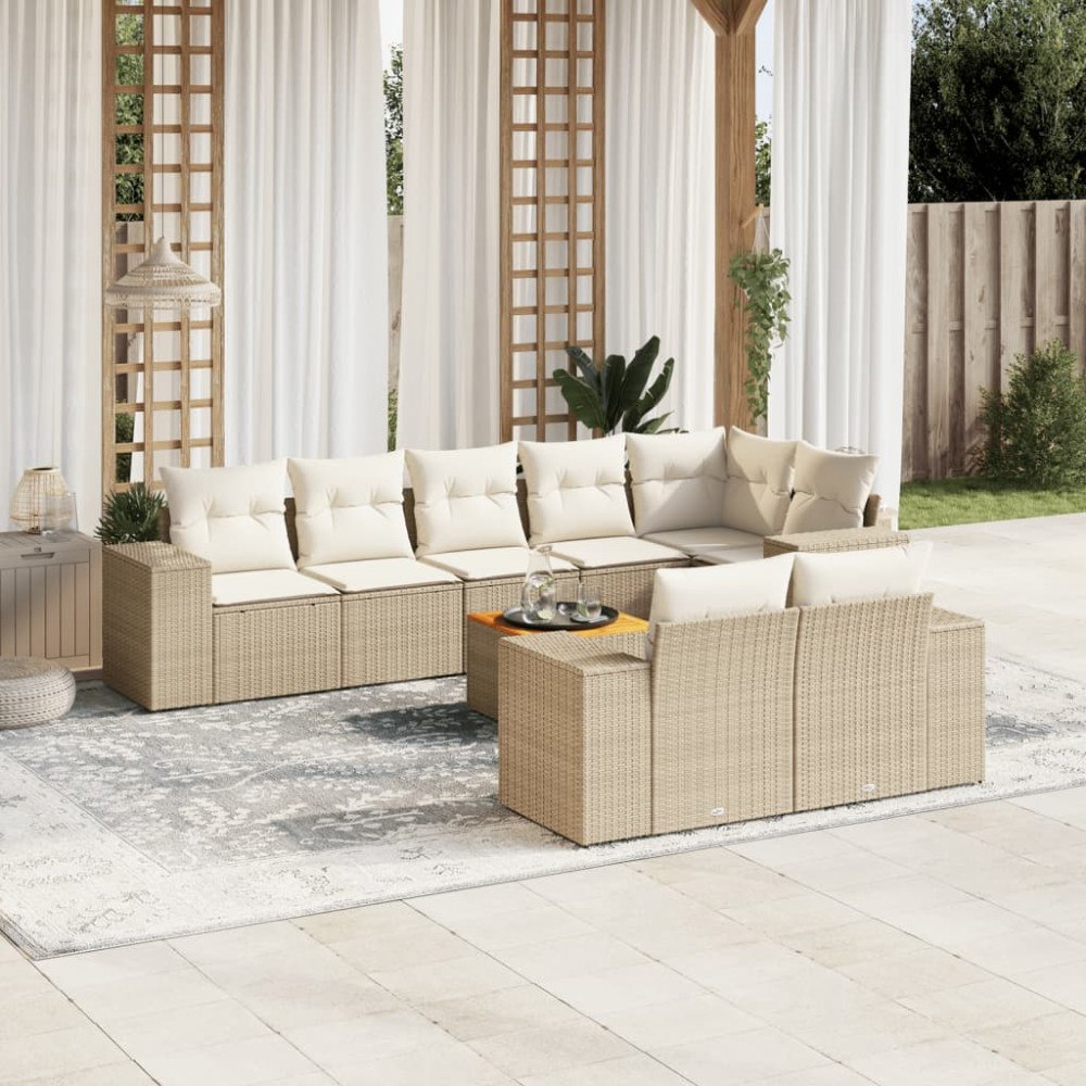 vidaXL Soffgrupp för trädgården med dynor 9 delar beige konstrotting