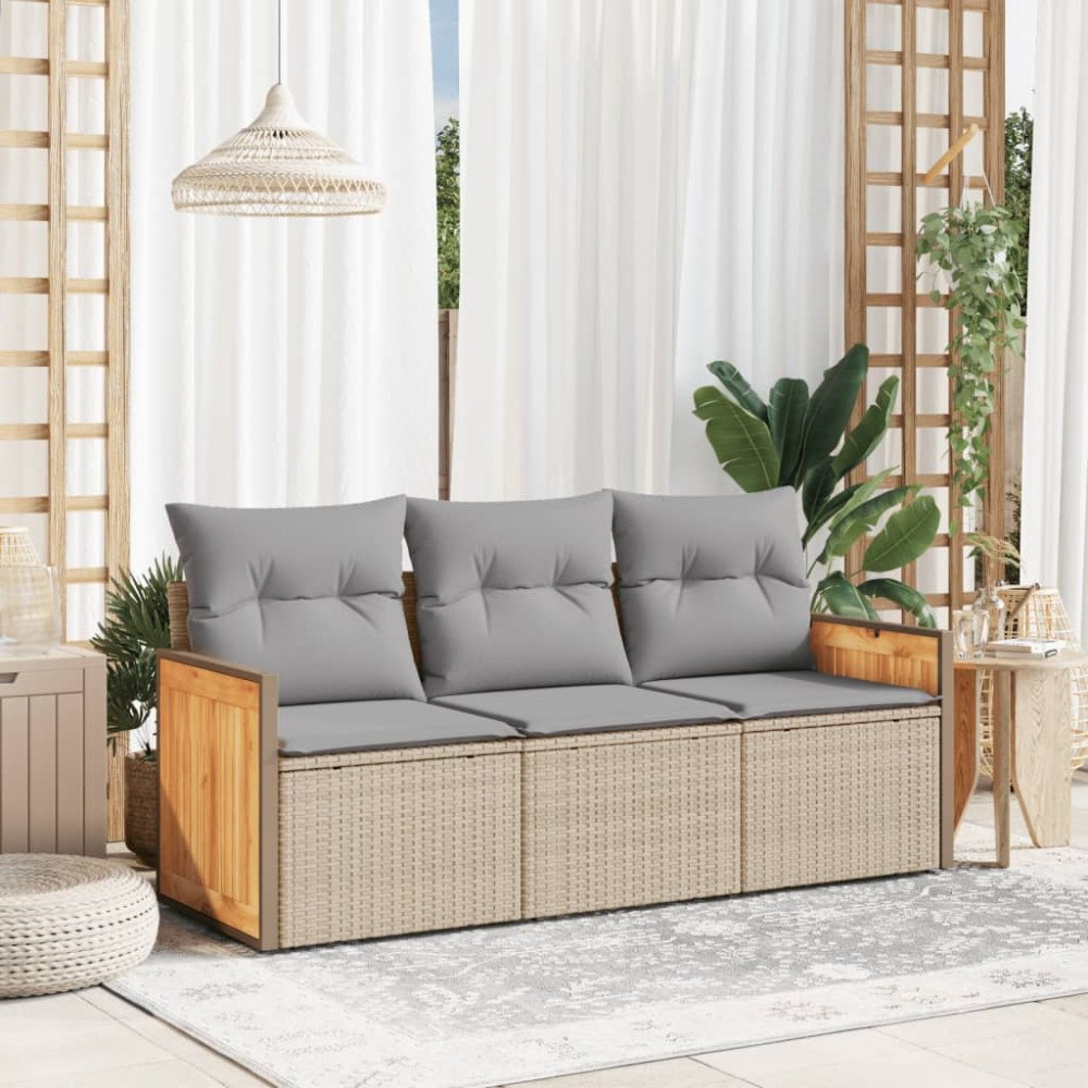 vidaXL Soffgrupp för trädgården 3 delar med dynor beige konstrotting