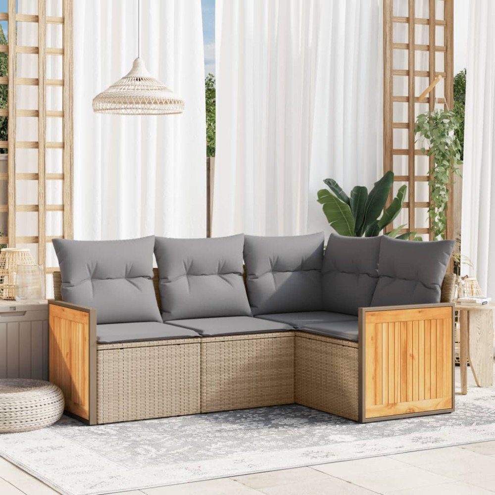 vidaXL Soffgrupp för trädgård med dynor 4 delar beige konstrotting