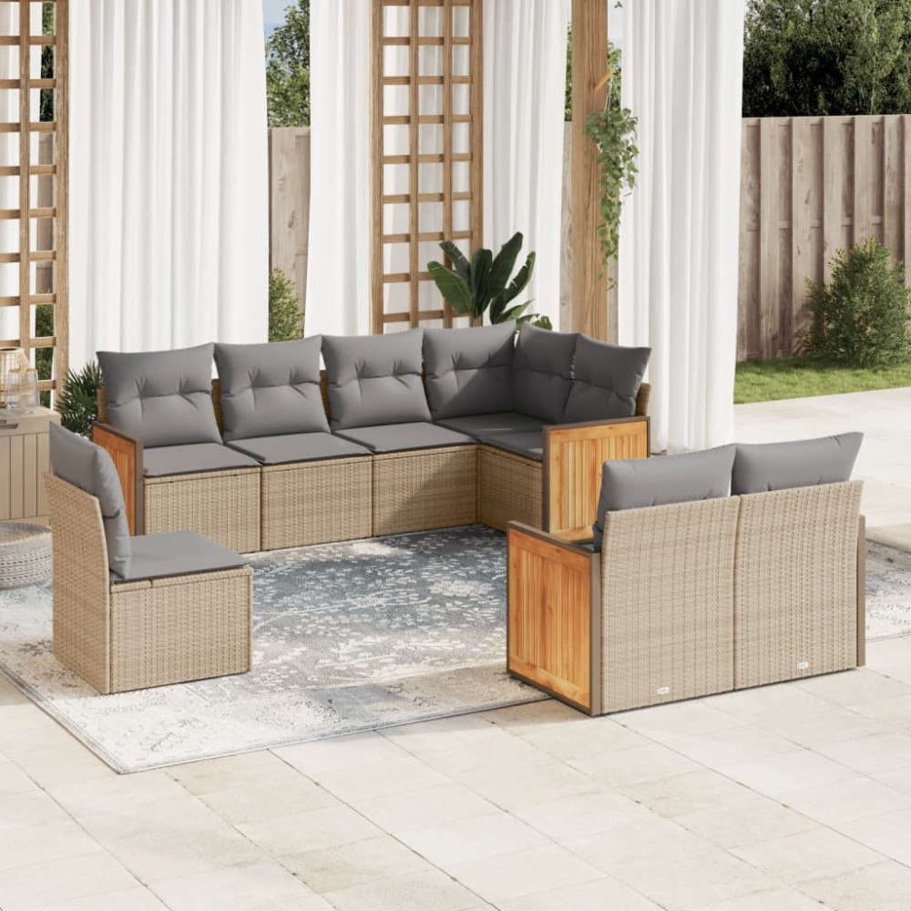 vidaXL Matgrupp för trädgården med dynor 8 delar beige konstrotting