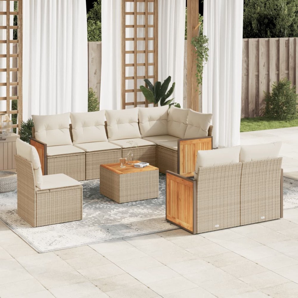 vidaXL Soffgrupp för trädgården med dynor 9 delar beige konstrotting